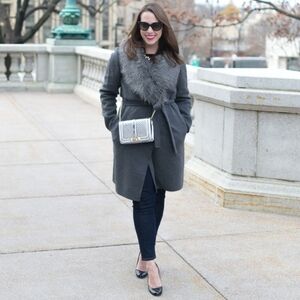 Garnet Hill Wool Faux Fur Collar Belted Rap Pocket Coat NWOT